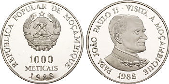 Мозамбик 1000 метикалей 1988 визит в Мозамбик папы Иоанна Павла II KM 109 a серебро  PROOF  1079-5-21