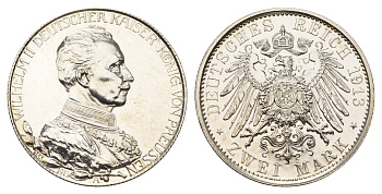 Пруссия 2 марки 1913 A, Вильгельм II (1888-1918), 25 лет правления (мундир) Weege 111, J. 111, KM 533 серебро PROOF 00-817-52