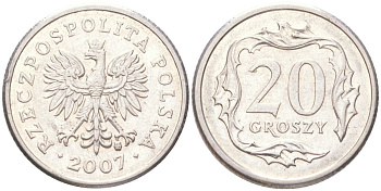Польша 20 грошей 2007 Y 280 медно-никель UNC 4614-331