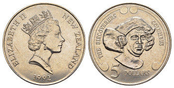 Новая Зеландия 5 долларов 1992 Первооткрыватели - Христофор Колумб KM 86 медно-никель BU 5010-1323