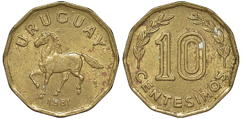 Уругвай 10 сентесимо 1981 KM 66 алюминиевая бронза 4169-463