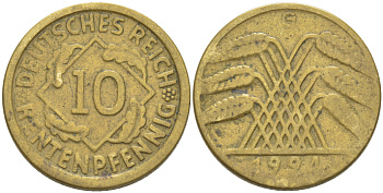 Германия 10 рентенпфеннигов 1924 G KM 33, J. 309, Weege 8 алюминиевая бронза 4182-712