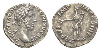 Римская Империя денарий 181 Коммод, M COMMODVS ANTONINVS AVG, бюст императора/TR P VI IMP IIII COS III P P, Пация, персонификация Мира, с оливковой ветвью и рогом изобилия, Рим RIC 17 серебро 1073-4-65