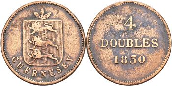 Гернси 4 дабла (дубля) 1830 KM 2 медь 4517-923