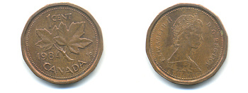 КАНАДА 1 ЦЕНТ 1984 ЕЛИЗАВЕТА II, КЛЕНОВЫЙ ЛИСТ KM 132 бронза 177-1413