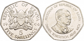 Кения 5 шиллингов 1994 Дэниэл арап Мои KM 23а сталь плакированная никелем UNC 4545-425