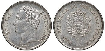 Венесуэла 1 боливар 1989 жирный шрифт Y 52a.1 сталь плакированная никелем 4606-526