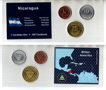Никарагуа набор из 3 монет (5, 10 и 25 сентаво) 2002 и 2007 в красочной упаковке с информацией о стране KM 97, 104 и 105 UNC 5-4-1-75