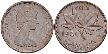 Канада 1 цент 1966 Елизавета II (1952-2022), кленовый лист KM 59.1 бронза  4147-249