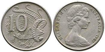 Австралия 10 центов 1967 Елизавета II (1952-), птица лирахвост KM 65 медно-никель 23-1442