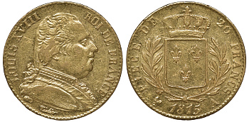 Франция 20 франков 1815 A, Луи XVIII KM 706.1 золото aUNC 00-000-00