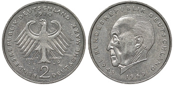 ФРГ 2 МАРКИ 1970 J, КОНРАД АДЕНАУЭР KM 124, J. 406 медно-никель плакированный никелем плакированный никелем UNC 72-434