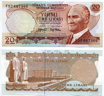 ТУРЦИЯ 20 ЛИР 1974 подписи ЧЁРНЫЕ, ПРЕЗИДЕНТ КЕМАЛЬ АТАТЮРК Pick 187a бумага UNC (пресс) 8604-28-3-1