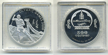 Монголия 500 тугриков 2006 Олимпийские игры 2006, лыжник серебро PROOF 1069-6-43