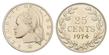 Либерия 25 центов 1974 KM 16a.2 медно-никель PROOF 4670-1131
