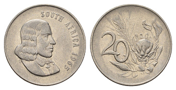 ЮАР 20 центов 1965 Ян ван Рибек (1619-1677), South Africa, легенда на английском, цветок протея KM 69.1 медно-никель 4114-536