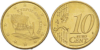 Кипр 10 евроцентов 2009 парусник KM 81 латунь UNC 99-623