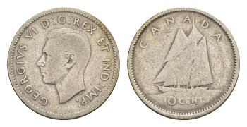 Канада 10 центов 1937 Георг VI (1936-1952), парусник KM 34 серебро 4639-537