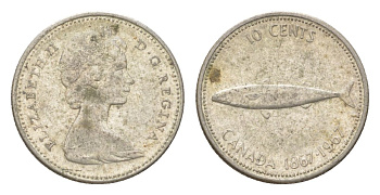 Канада 10 центов 1967 рыба, 100 лет Конфедерации Канада, Ссеребро 0.800, вес 2,3 гр, диаметр 18,3 мм KM 67 серебро 4623-956