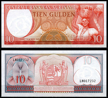 Суринам 10 гульденов 1963 женщина с фруктами Pick 121 b бумага UNC (пресс) 6287-6-3-2
