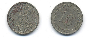 ГЕРМАНИЯ 10 ПФЕННИГОВ 1908 D KM 12, J. 13 медно-никель 58-343