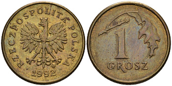 Польша 1 грош 1992 MW KM 276, Parchimowicz 701c латунь 4580-442