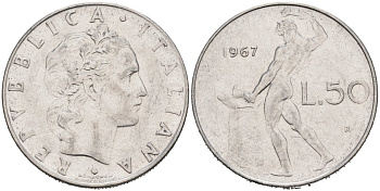 Италия 50 лир 1967 R, Бог огня Вулкан у наковальни KM 95.1 нержавеющая сталь 4571-523