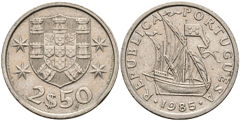 Португалия 2,5 эскудо 1985 парусник KM 590 медно-никель 4152-614
