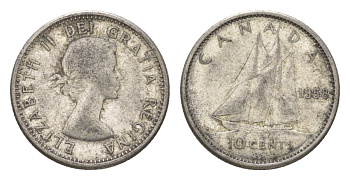 Канада 10 центов 1958 Елизавета II (1952-2022), парусник KM 51 серебро 4623-914