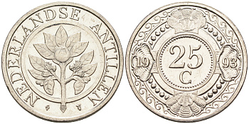 Нидерландские Антилы 25 центов 1993 Беатрикс (1980-2013) KM 35 сталь плакированная никелем 4169-423