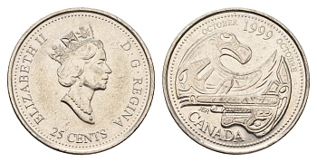 Канада 25 центов 1999 Миллениум - Октябрь 1999, Дань первым нациям KM 351 никель aUNC 113-831
