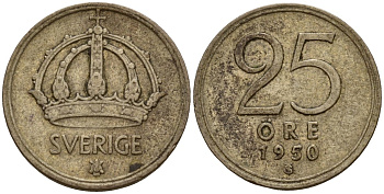 Швеция 25 эре 1950 Густав V (1907-1950) KM 816 серебро 4154-1167