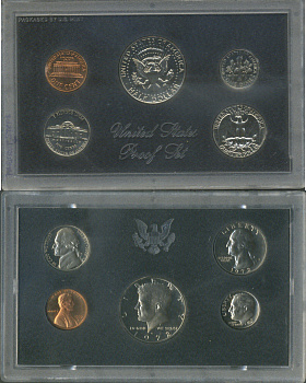 США набор из 5 монет (1, 5, 10 (дайм), 25 (квотер, 1/4 доллара) и 50 (1/2 доллара) центов) 1972 в оригинальной упаковке KM PS134 (164a, A192, 195a, 201 и 202b) PROOF 8-2-06-80