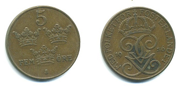 ШВЕЦИЯ 5 ЭРЕ 1936 KM 779.2 бронза 04-1011