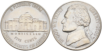 США 5 ЦЕНТОВ 2000 P ДЖЕФФЕРСОН KM A192 медно-никель 190-221