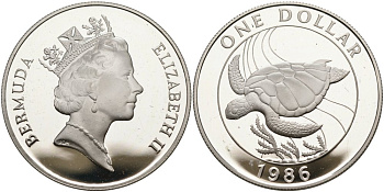 Бермудские острова 1 доллар 1986 серия 25 лет защиты окружающей среды, морская черепаха КМ 49 a серебро PROOF 01-170-23