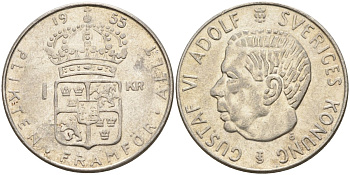 Швеция 1 крона 1955 TS, Густав VI Адольф (1950-1973) KM 826 серебро 4148-1146