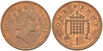 Великобритания 1 пенни 1993 Елизавета II (1952-2022) KM 935a, Spink 4391 (B4) сталь плакированная медью UNC 3955-526