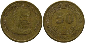 Перу 50 сентимо 1985 KM 295, Schon 96 латунь 4541-346