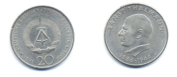 ГДР 20 марок 1971 A, 85 лет со дня рождения Эрнста Тельмана KM 34, J. 1535 медно-никель 3333-534