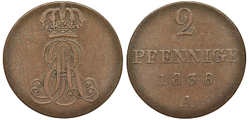 Ганновер 2 пфеннига 1838 A, Эрнст Август (1837-1851) KM 174.1, AKS 122, J. 55 медь 75-715