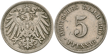 Германия 5 пфеннигов 1910 D, KM 11, J. 12 медно-никель 4608-941