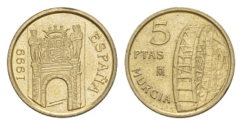 Испания 5 песет 1999 Мурсия KM 1008 алюминиевая бронза 4632-348