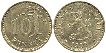 ФИНЛЯНДИЯ 10 ПЕННИ 1982 К KM 46 алюминиевая бронза 100-967