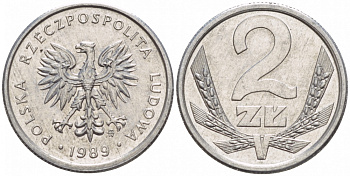 Польша 2 злотых 1989 MW, Народная Республика KM 80.3, Parchimowicz 219a алюминий 4547-1134