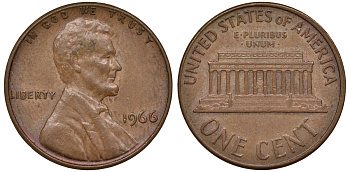 США 1 ЦЕНТ 1966 ЛИНКОЛЬН KM 201 медь цинк 62-647