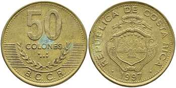 Коста-Рика 50 колонов 1997 B.C.C.R., год тип KM 231 латунь 3459-141