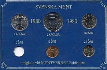 Швеция 5, 25, 50 эре и 1, 5 крон 1980 в картоне набора монетного двора, Карл XVI Густав (1973- ) UNC 7-5-7-277