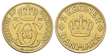 Дания 2 кроны 1939 N; GJ, Кристиан X (1912-1947) KM 825 алюминиевая бронза 82-313