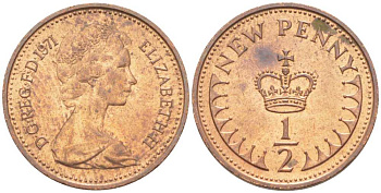 Великобритания 1/2 пенни 1971 Елизавета II (1952-2022) KM 914, Spink 4239 бронза 4392-1222